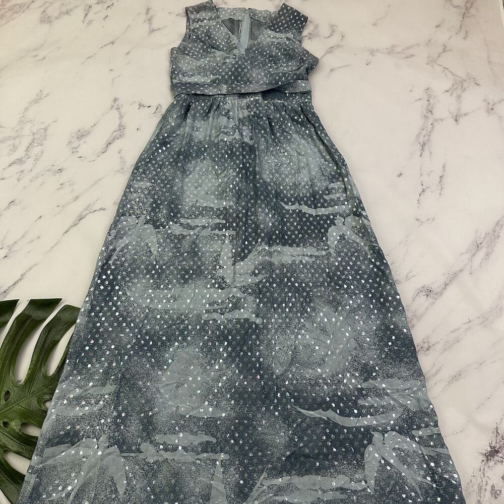 Womens Vintage 70s Maxi Dress Size M Blue SIlver Jacquard Dots Birds Metallic